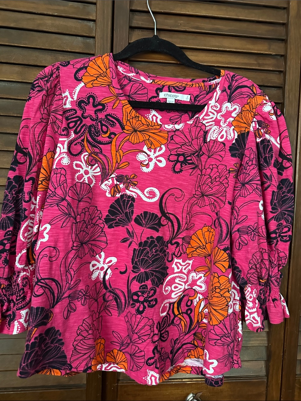 Chico's Pink Floral Puff-Sleeve Top with Orange & Black Accents